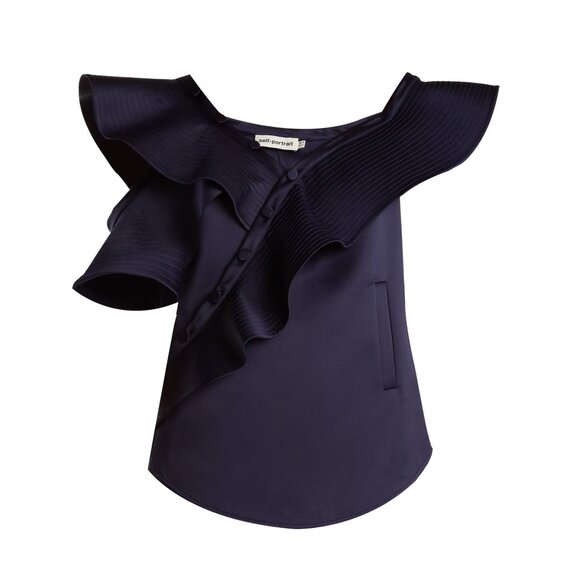 Self-Portrait Satin Off The Shoulder Ruffle Blouse in Navy, size 2 - Picture 4 of 8